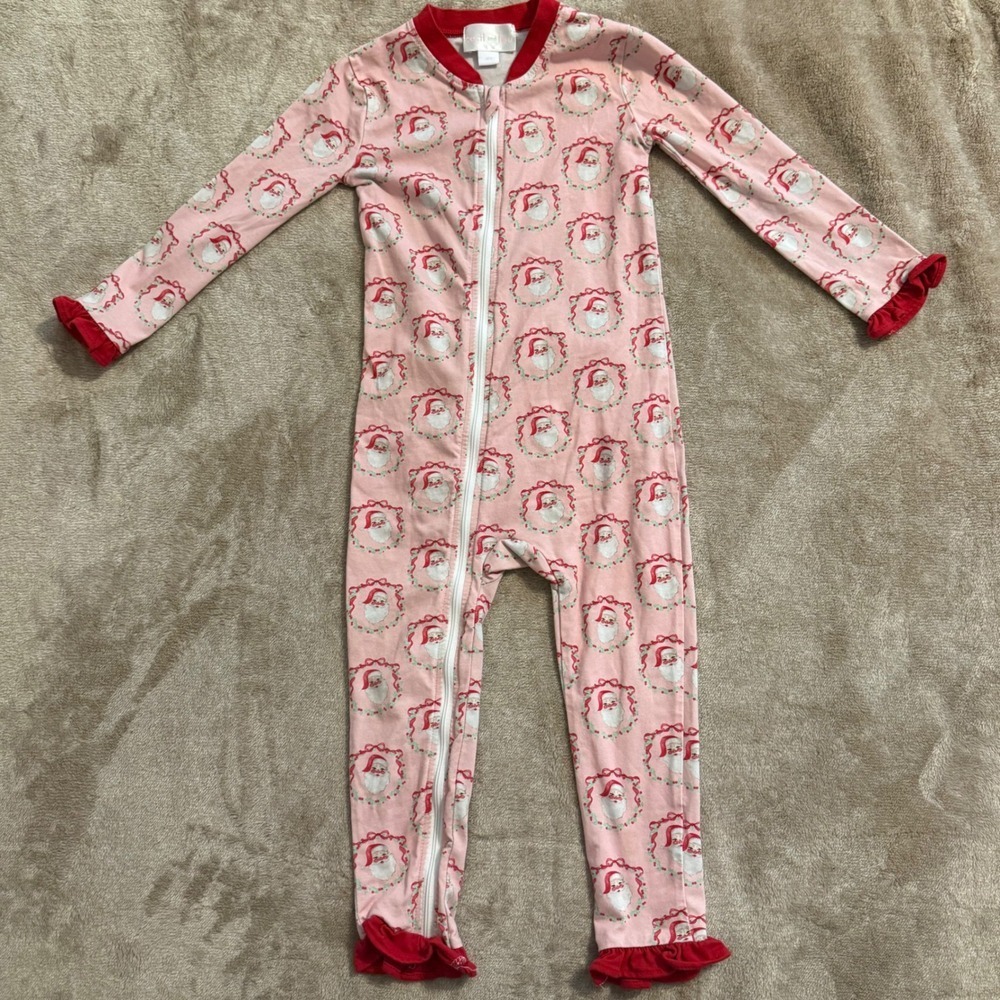 Cecil and Lou Kids Pink Santa Wreath Ruffle Pajama Sleeper 4T Holiday Christmas